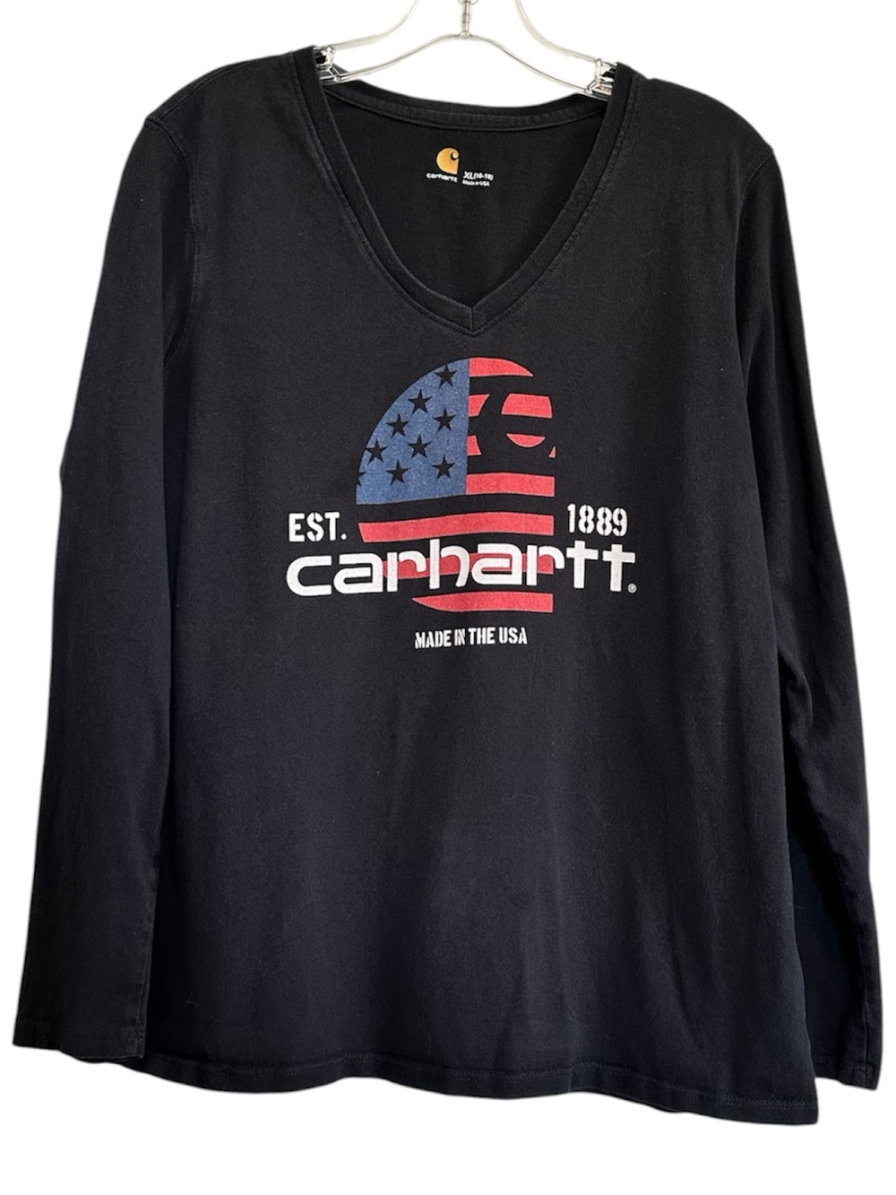 Carhartt Black Long-Sleeve V-Neck Tee with Red & Blue Flag Graphic